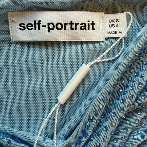 Self-Portrait Iridescent Blue Crystal Rhinestone Long Sleeve Maxi Gown Size 4 - Picture 9 of 16